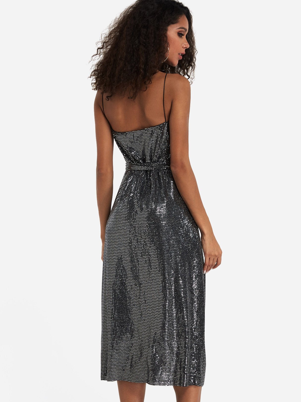 Silver Sleeveless Sequins Embellished Spaghetti Strap Belt Slit Hem Sexy Dresses