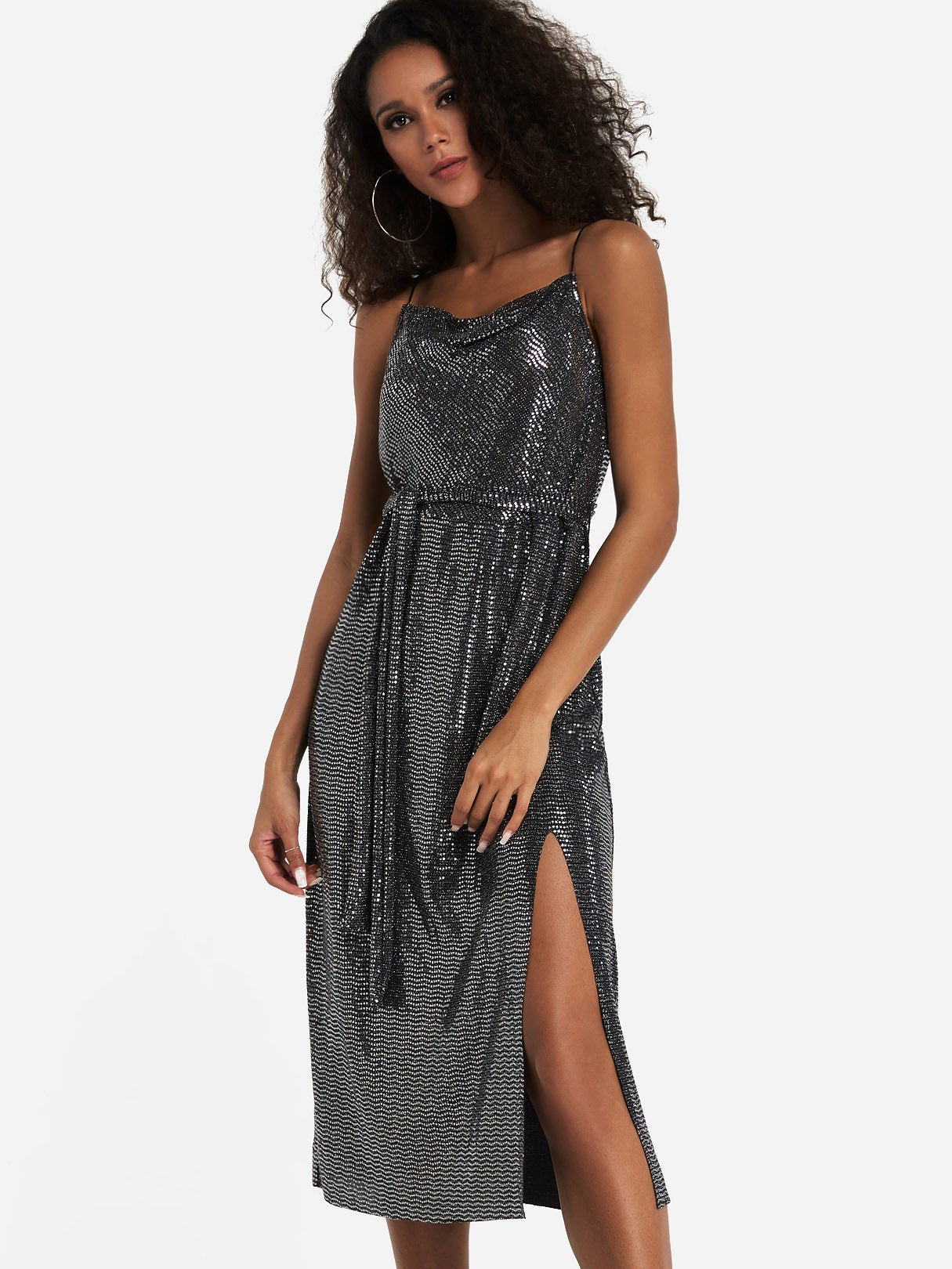 Silver Sleeveless Sequins Embellished Spaghetti Strap Belt Slit Hem Sexy Dresses